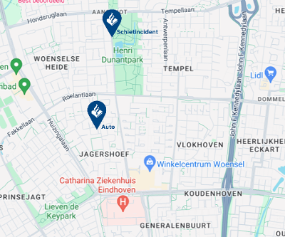 Plattegrond Eindhoven met bullits op de straten Rode Kruislaan en Parcivalstraat.