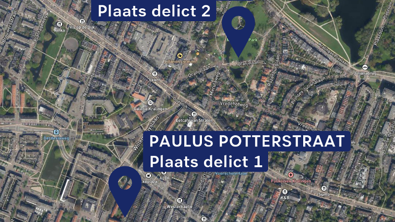 Foto van een plattegrond van Rotterdam waarop de Plaatsen Delict te zien zijn.