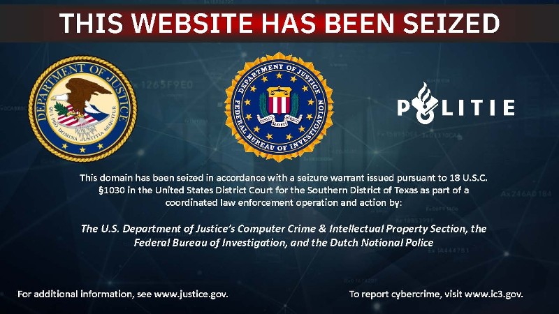 Tekst op de website van HeartSender waaruit blijkt dat de site gesloten is door de FBI en de Nederlandse politie